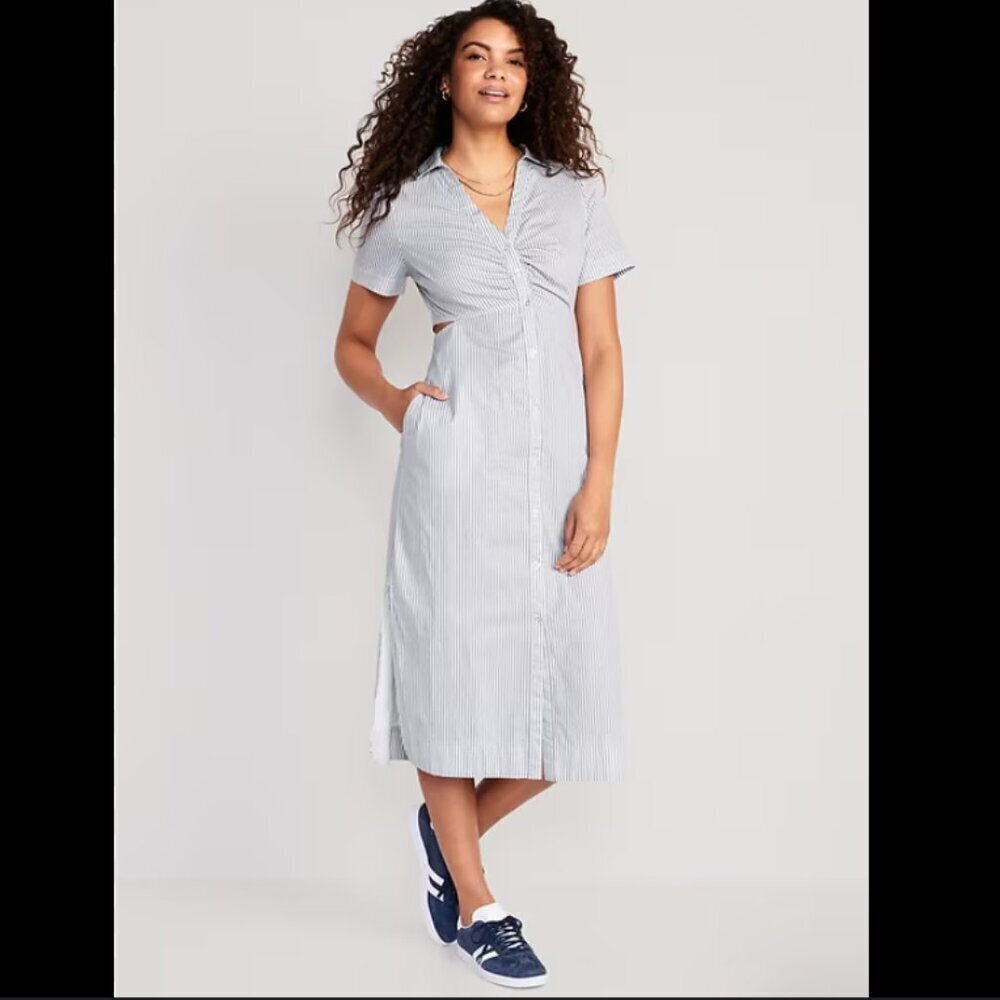 Old Navy Light Blue and White Striped Midi Shirt Dress